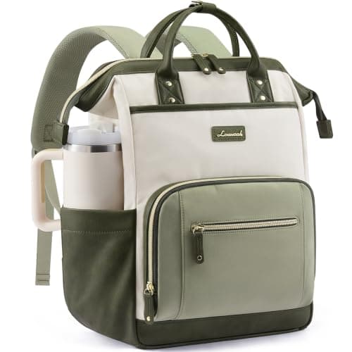 LOVEVOOK Laptop Backpack for Women with Giant Tumbler Holder,17 inch Professional Nurse Teacher Backpack Computer Laptop Bag,Cute Travel Backpack Purse Work College Bag, Beige-Bean green-Army green