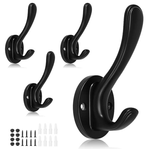 Dntorx 4 Pack Black Towel Hooks, Heavy Duty Coat Hooks Wall Mounted Metal Double Hook Bathroom Wall Robe Hooks for Hanging Towel Key Coats Hat Robe Clothes