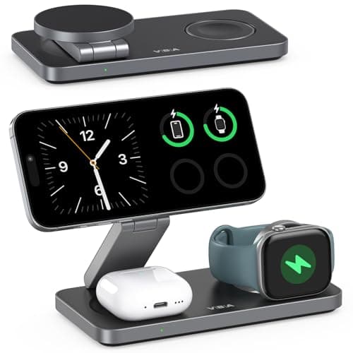 VBA 3 in 1 Wireless Charging Station for Apple MagSafe Charger,Foldable Fast Charging Magnetic Wireless Charger Stand,Travel Charger for iPhone 17 Air 16 15 14 13 12,Apple Watch,AirPods (Black)