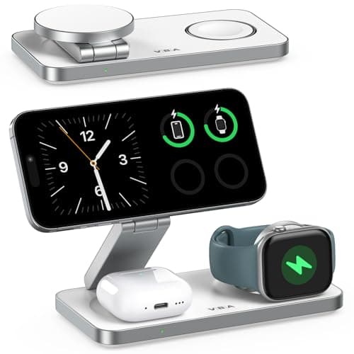 VBA 3 in 1 Wireless Charging Station for Apple MagSafe Charger,Foldable Fast Charging Magnetic Wireless Charger Stand,Travel Charger for iPhone 17 Air 16 15 14 13 12,Apple Watch,AirPods Pro(White)