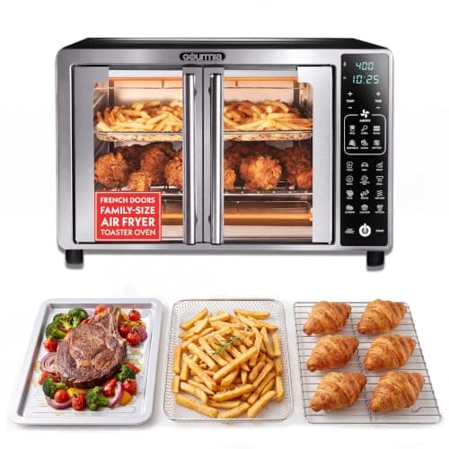 Gourmia Toaster Oven - 6-Slice Capacity, Digital Display, Stainless Steel | French Door Design Air Fryer Combo, 19 Cooking Presets, Adjustable Time & Temperature, FryForce 360°, Dishwasher-Safe Trays